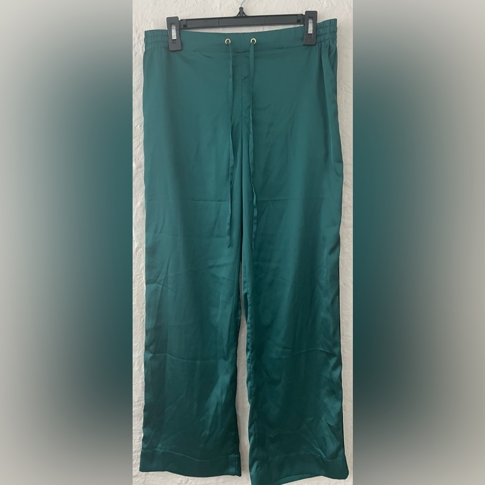 Soma Women's Teal Satiny Wide Leg Drawstring Pajama Pants Pockets; Size M